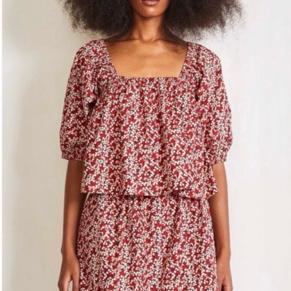 Apiece Apart Gali Shirred Floral Red Women's Top